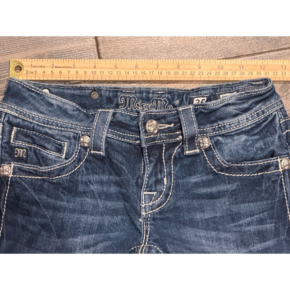 Miss Me Angel Wings Cross Bling Distressed Denim Low Rise Y2K Bermuda Shorts 25 - Picture 5 of 11